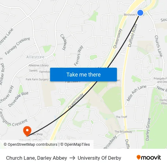 Church Lane, Darley Abbey to University Of Derby map