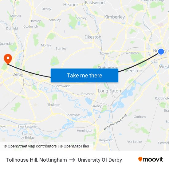 Tollhouse Hill, Nottingham to University Of Derby map