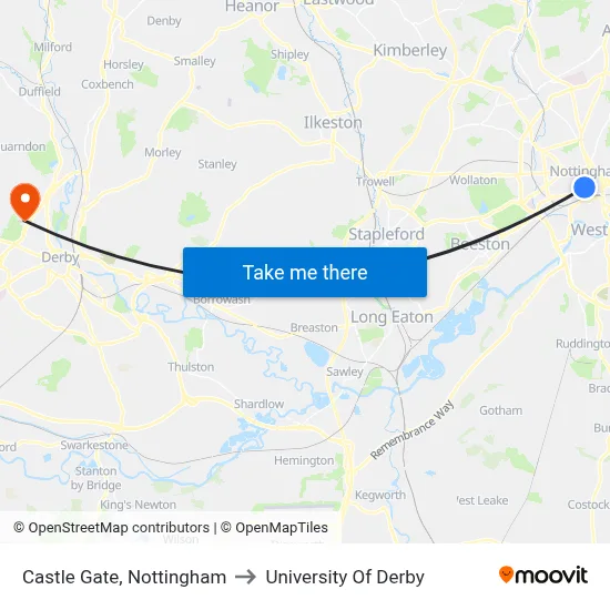 Castle Gate, Nottingham to University Of Derby map
