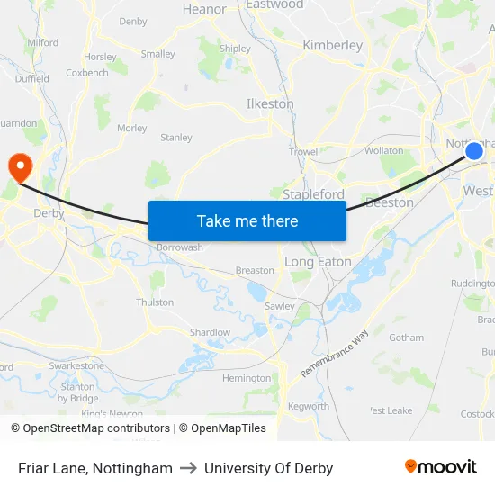 Friar Lane, Nottingham to University Of Derby map