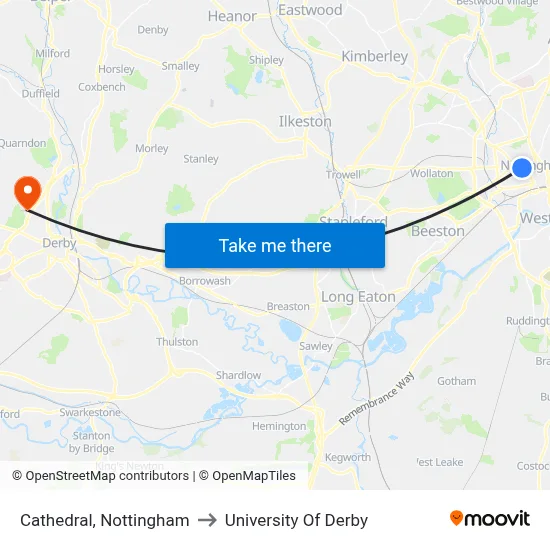 Cathedral, Nottingham to University Of Derby map