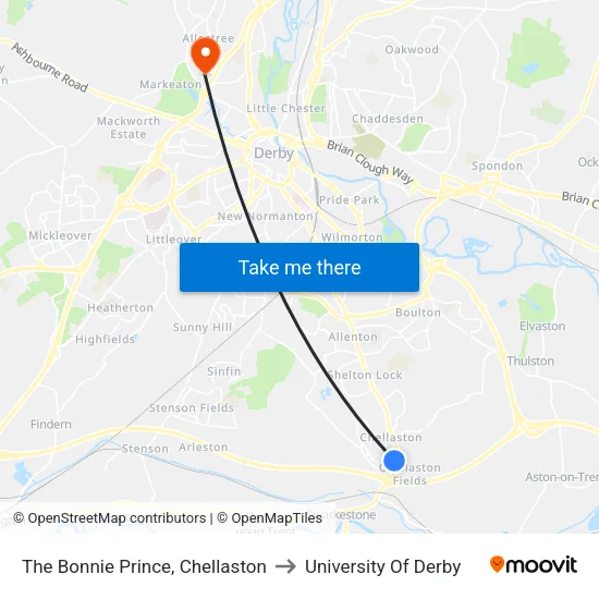 The Bonnie Prince, Chellaston - Derby to University Of Derby map
