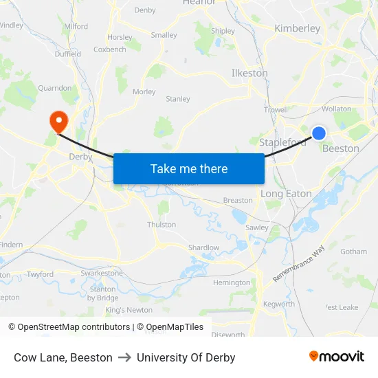 Cow Lane, Beeston to University Of Derby map