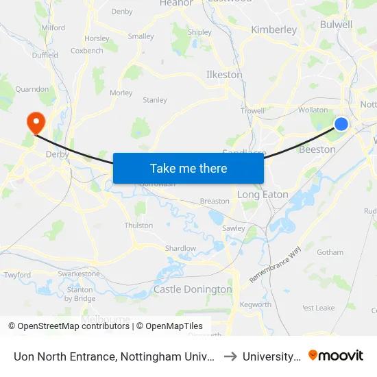 Uon North Entrance, Nottingham University Main Campus (Un14) to University Of Derby map
