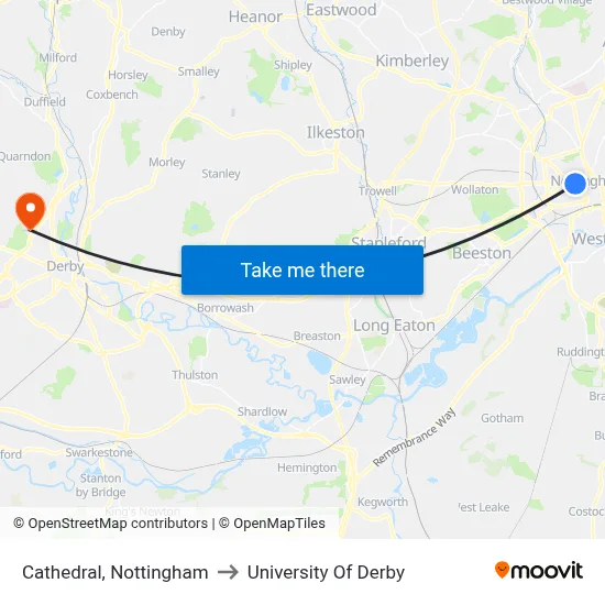 Cathedral, Nottingham to University Of Derby map