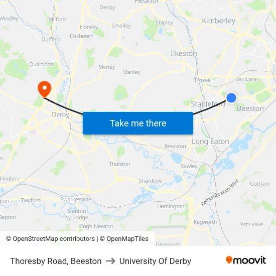 Thoresby Road, Beeston to University Of Derby map