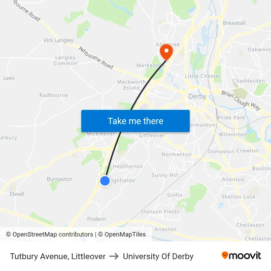 Tutbury Avenue, Littleover to University Of Derby map