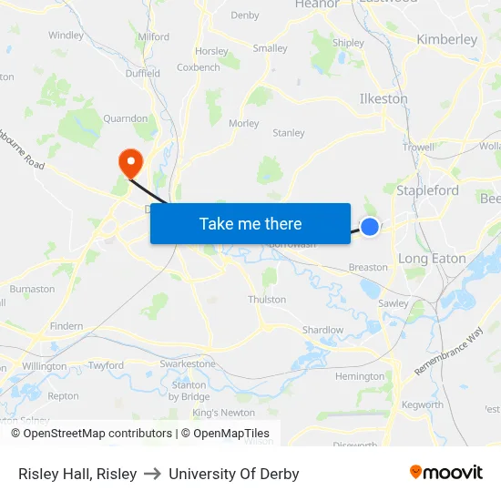 Risley Hall, Risley to University Of Derby map