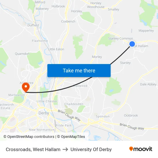 Crossroads, West Hallam to University Of Derby map
