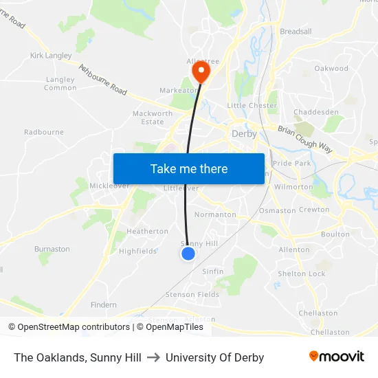 The Oaklands, Sunny Hill to University Of Derby map