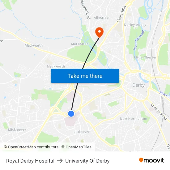Royal Derby Hospital to University Of Derby map