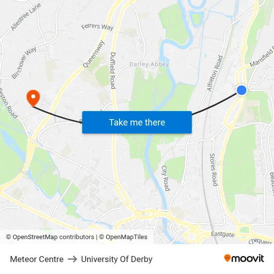 Meteor Centre to University Of Derby map