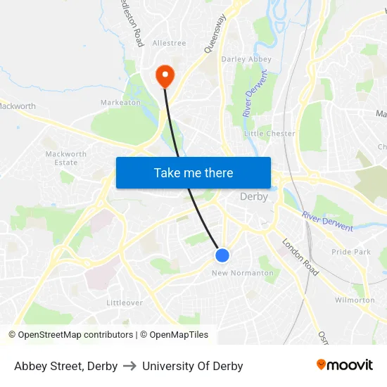 Abbey Street, Derby to University Of Derby map