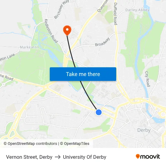 Vernon Street, Derby to University Of Derby map