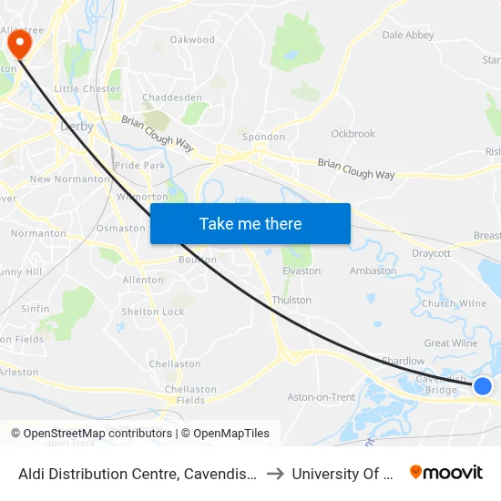 Aldi Distribution Centre, Cavendish Bridge to University Of Derby map