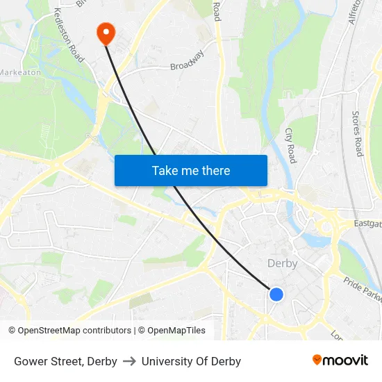 Gower Street, Derby to University Of Derby map