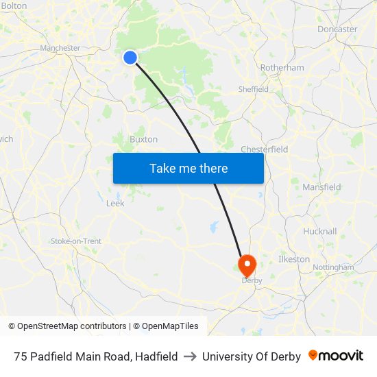 75 Padfield Main Road, Hadfield to University Of Derby map