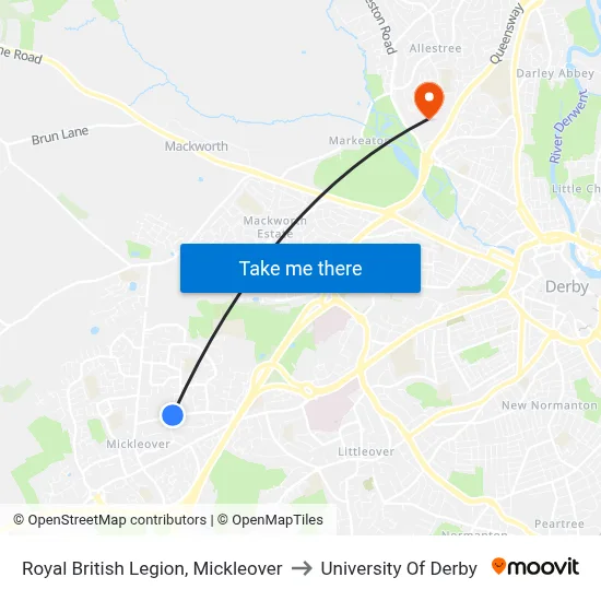 Royal British Legion, Mickleover to University Of Derby map
