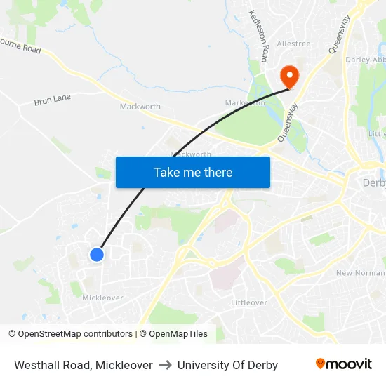 Westhall Road, Mickleover to University Of Derby map