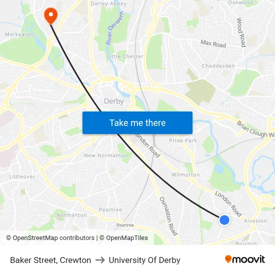 Baker Street, Crewton to University Of Derby map