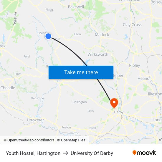 Youth Hostel, Hartington to University Of Derby map