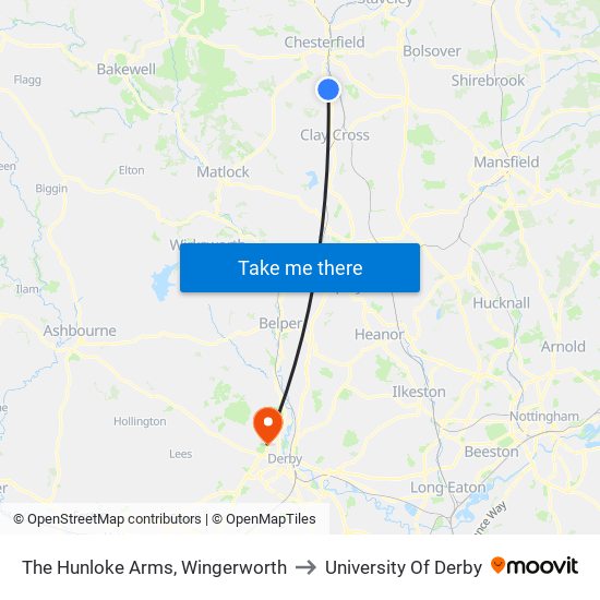 The Hunloke Arms, Wingerworth to University Of Derby map