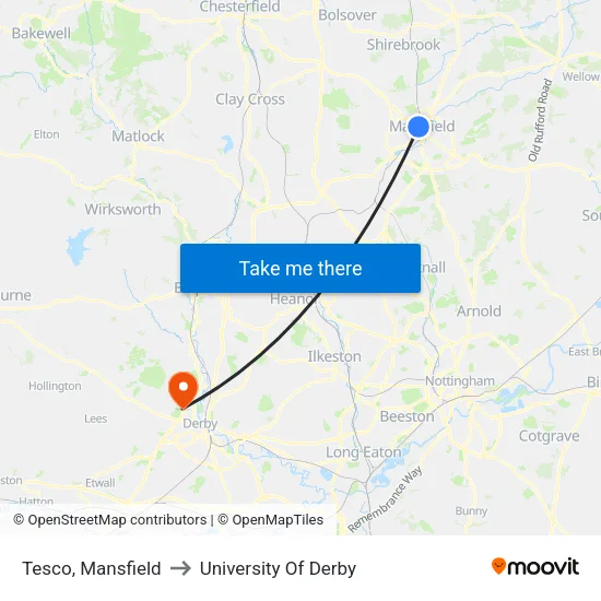 Tesco, Mansfield to University Of Derby map