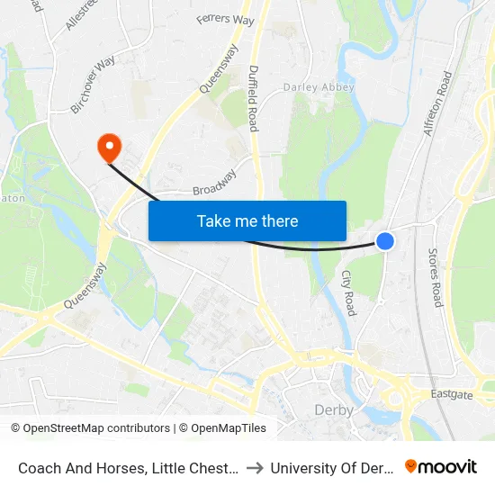 Coach And Horses, Little Chester to University Of Derby map