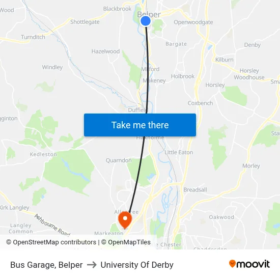 Bus Garage, Belper to University Of Derby map