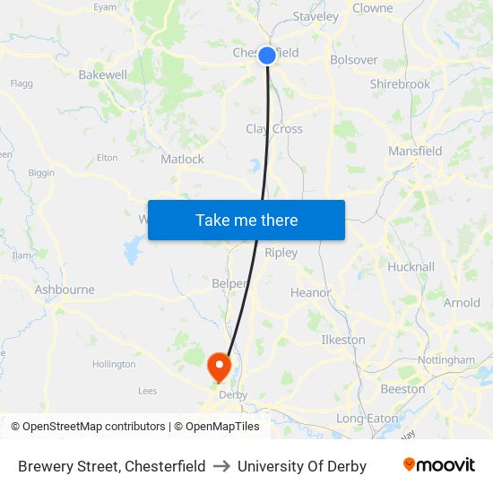 Brewery Street, Chesterfield to University Of Derby map