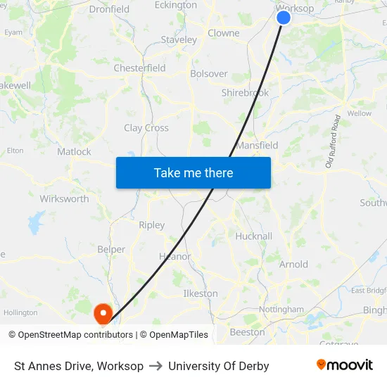 St Annes Drive, Worksop to University Of Derby map