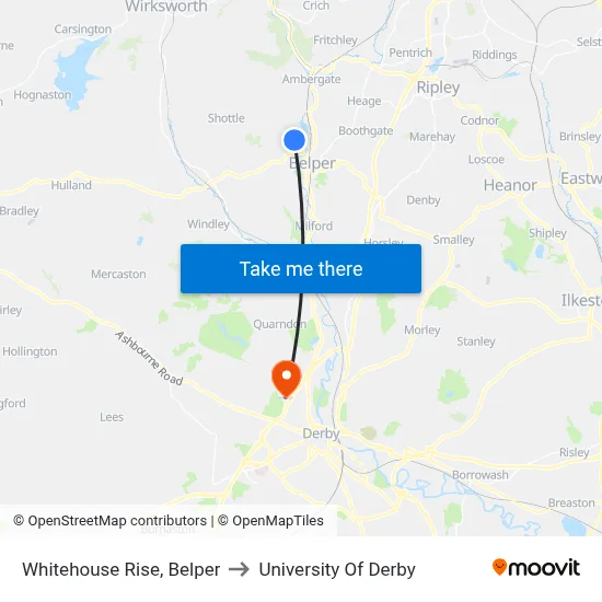 Whitehouse Rise, Belper to University Of Derby map