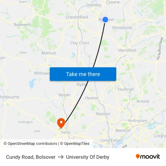 Cundy Road, Bolsover to University Of Derby map