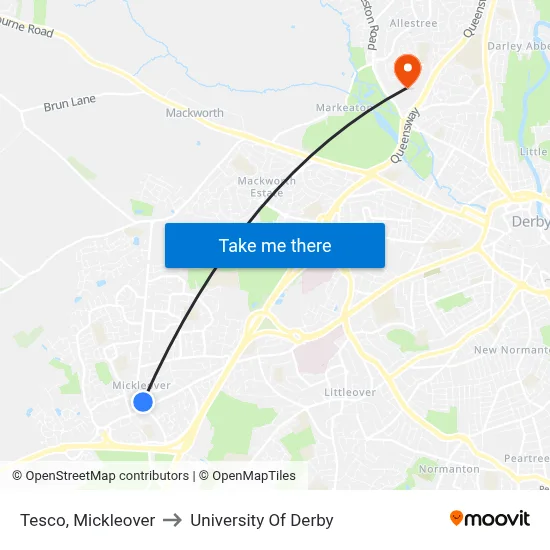 Tesco, Mickleover to University Of Derby map