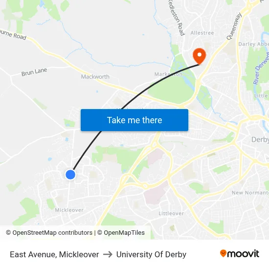East Avenue, Mickleover to University Of Derby map