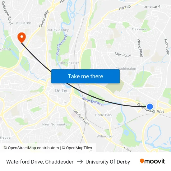 Waterford Drive, Chaddesden to University Of Derby map
