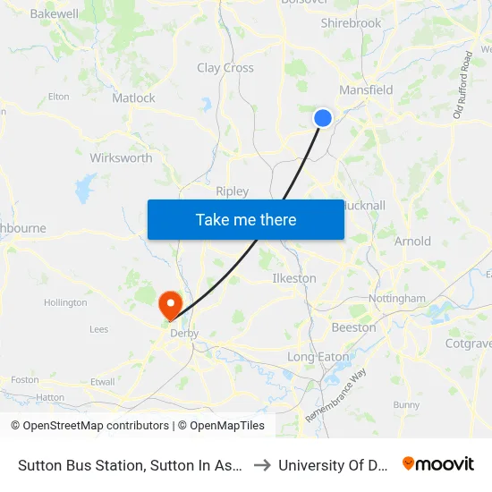 Sutton Bus Station, Sutton In Ashfield to University Of Derby map