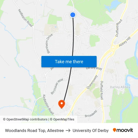 Woodlands Road Top, Allestree to University Of Derby map