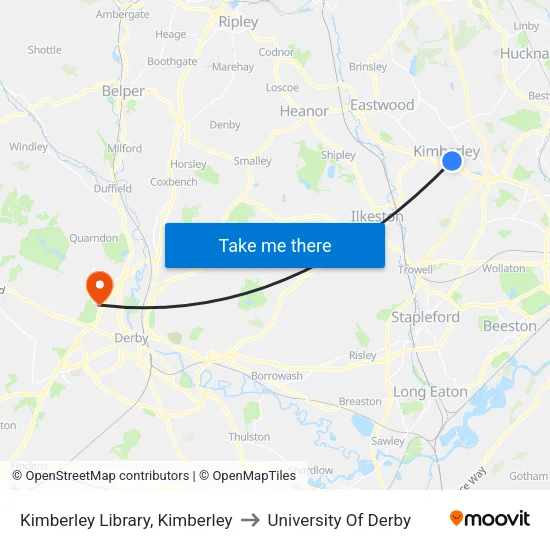 Kimberley Library, Kimberley to University Of Derby map