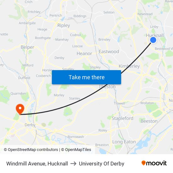 Windmill Avenue, Hucknall to University Of Derby map