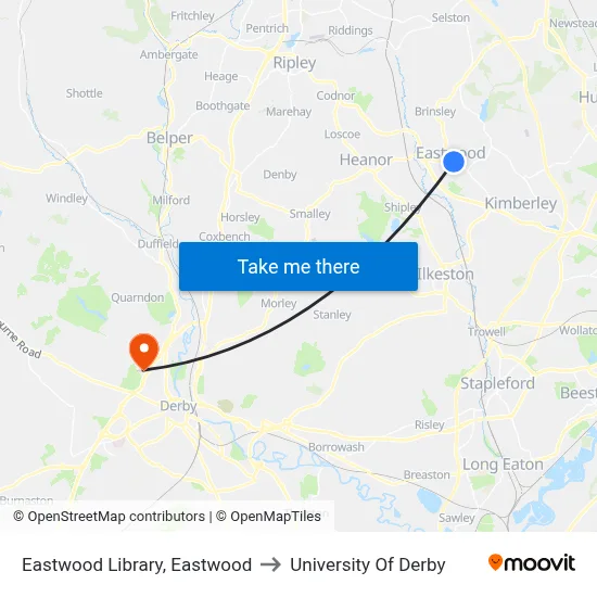 Eastwood Library, Eastwood to University Of Derby map