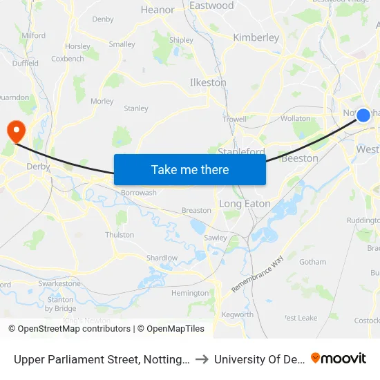 Upper Parliament Street, Nottingham to University Of Derby map