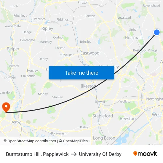 Burntstump Hill, Papplewick to University Of Derby map