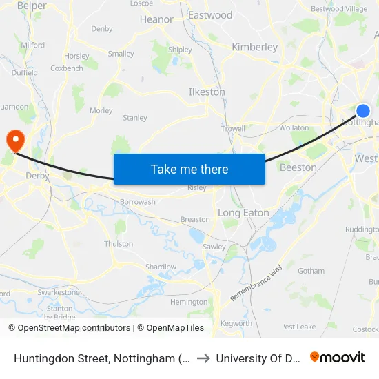 Huntingdon Street, Nottingham (Fo12) to University Of Derby map