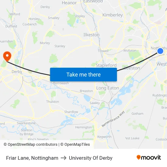 Friar Lane, Nottingham to University Of Derby map