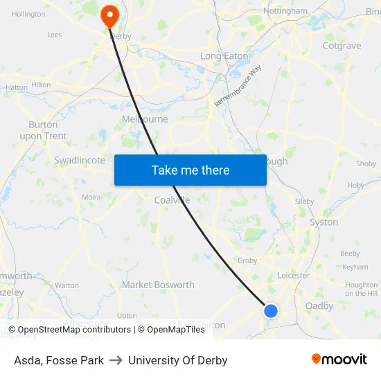 Asda, Fosse Park to University Of Derby map