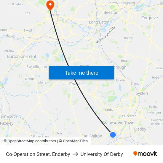 Co-Operation Street, Enderby to University Of Derby map