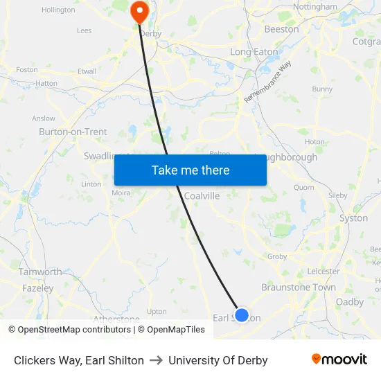 Clickers Way, Earl Shilton to University Of Derby map