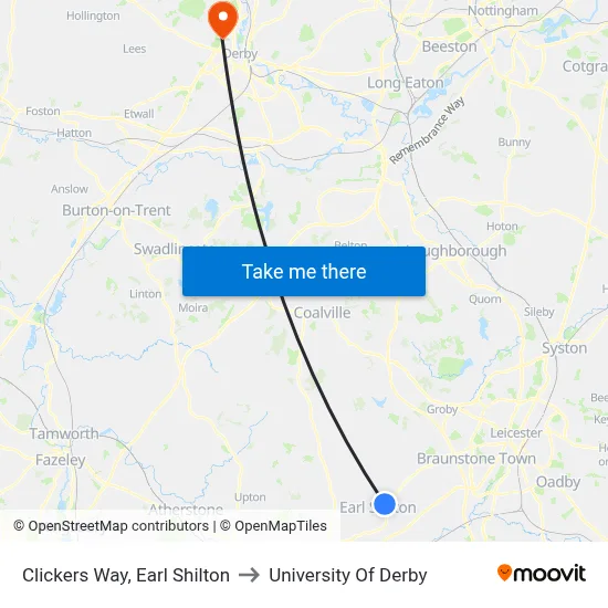 Clickers Way, Earl Shilton to University Of Derby map