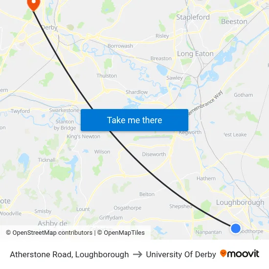 Atherstone Road, Loughborough to University Of Derby map